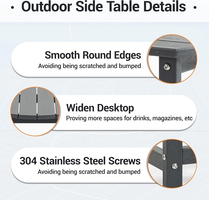HDPE Patio Side End Table, Waterproof Outdoor Small Table for Patio, Garden, Poolside, Balcony, Deck, Porch, Backyard, Outdoor or Indoor Use, Grey