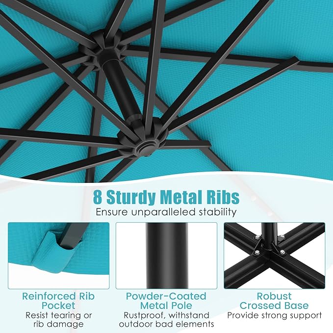 Tangkula 10 Ft Patio Offset Umbrella, 40 LED Lighted Market Umbrella W/8 Sturdy Ribs, Easy Tilt Adjustment & Crank, Polyester Shade, Ideal for Backyard, Garden, Seaside, Store, Pool (Turquoise)