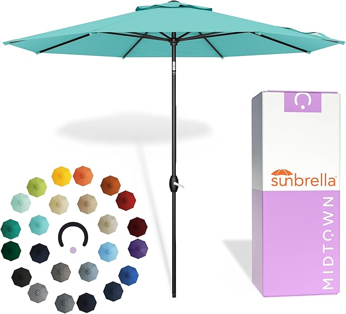 Midtown Umbrellas - The Lean 10 Ft Patio Umbrella with Fade-Resistant Sunbrella Fabric, Auto-Tilt Aluminum Frame and 8 Reinforced Ribs for Deck, Pool & Garden - Canvas Glacier Canopy, Black Pole