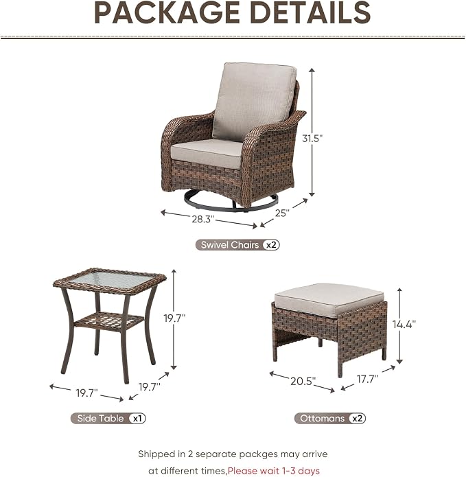 Patio Furniture Set - 5 Pieces All Weather Wicker Outdoor Furniture with 2 Swivel Chairs, 2 Ottomans and Side Table, Ergonomic Design for Porch, Deck, Balcony, Garden, and Backyard(Beige)