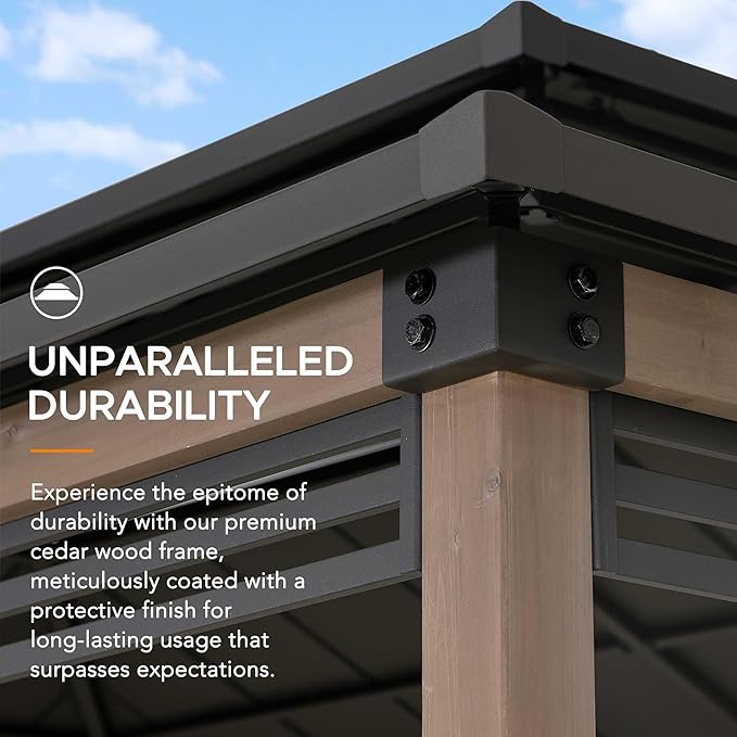 Sunjoy Wooden Grill Gazebo with AC Power Port, 8 x 12 ft. Steel Hardtop Outdoor Cedar Framed Gazebo for Year-Round Grilling, with Built-in Electrical Outlets and Decorative Fence, Brown