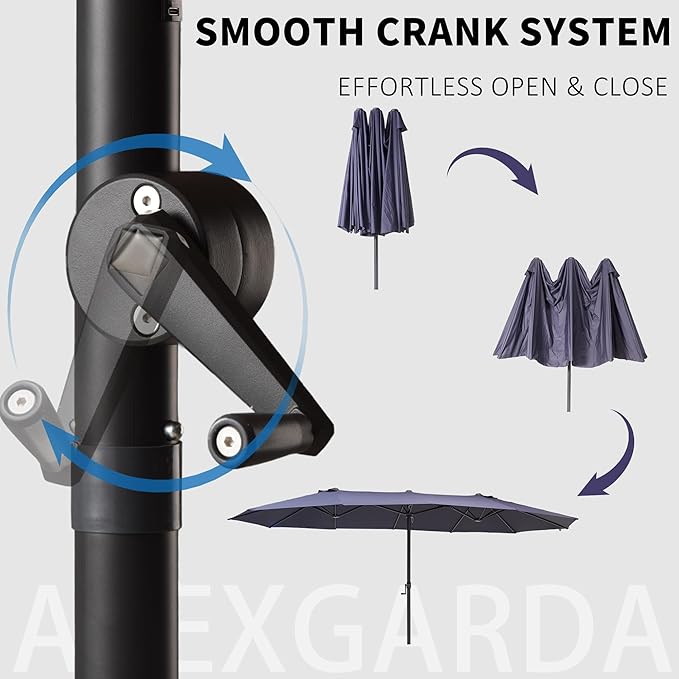 15FT Large Double Sided Patio Umbrella, Aluminum Crank and Heavy Duty Carbon Steel Ribs Outdoor Umbrellas, Fade Resistant Rectangular Market Umbrella for Garden, Patio, Restaurant, Business, Deck, Backyard, Party, Navy Blue