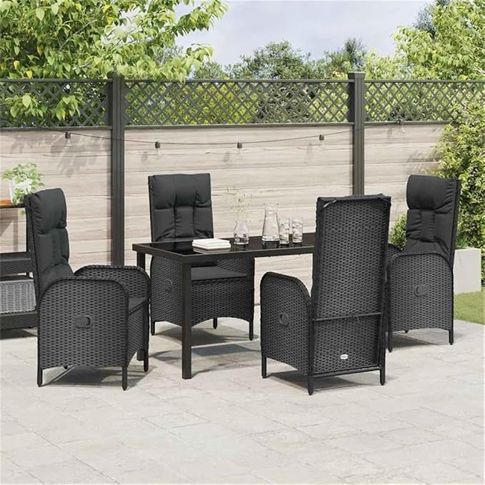 Afuera Living 5 Piece Poly Rattan Garden Dining Set, Black Finish, Includes Cushions, Durable UV-Resistant Materials, Lightweight Modern Design, Outdoor Patio Seating, Seats 4 for Garden Parties