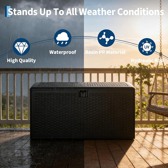120 Gallon Waterproof Large Resin Deck Box Indoor Outdoor, Lockable Storage Container for Patio Furniture Cushions, Throw Pillows, Garden Tools, and Pool Floats, Black