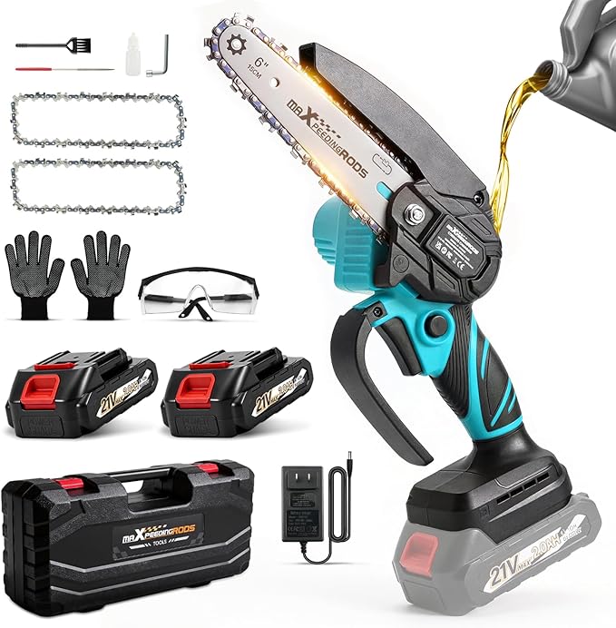maXpeedingrods Mini Chainsaw Cordless, 6 inch Chainsaw Handheld Power Chain Saws with 2 Batteries, 3 x Durable Chains, Electric Chainsaw Lightweight Handheld Saw for Tree Trimming, Wood Cutting, Blue
