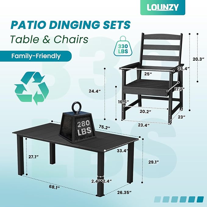 LOUNZY 7 Pieces Patio Dining Sets, 75.2'' Table Outdoor HDPE Furniture Set w/ 2" Hole Cut-Out Dining Table with 6 Patio Chairs for Lawn, Pool and Yard,Black