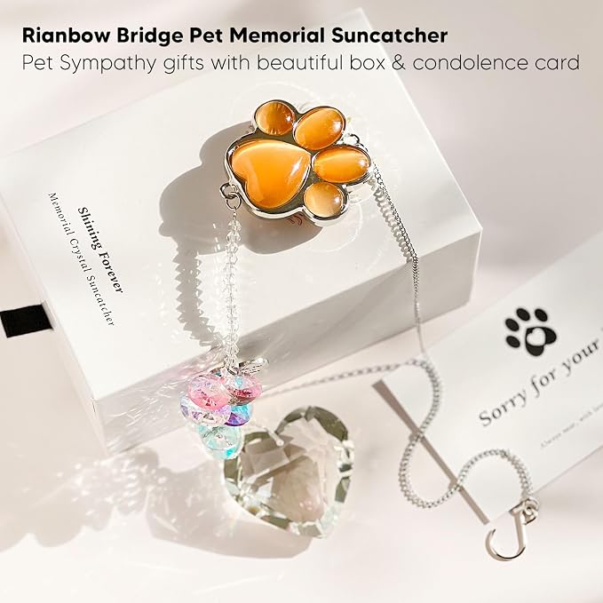 Dog Memorial Gifts, Pet Memorial Suncatcher, Loss of Dog Sympathy Gift | Thoughtful Dogs and Cats Bereavement Remembrance Gifts, Natural Cat's Eye Stone Paw Crystal Suncatcher