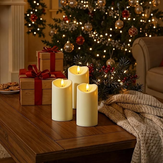 Raycare 6"x3" Outdoor Waterproof Flameless Candles with Remote and Timer, Battery Operated LED Electric Fake Pillar Candle for Christmas Home Wedding Decor, Dark Ivory, Set of 2