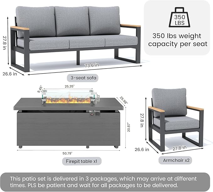 Sundale Outdoor Aluminum Patio Furniture Set, 4 Piece Outdoor Conversation Sets with Fire Pit and 6" Thick Olefin Cushions, All Weather Outdoor Sectional Set for Deck, Lawn, Yard (Grey)