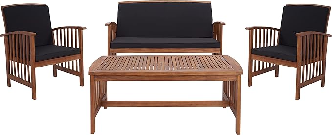 SAFAVIEH Outdoor Collection Rocklin Natural/ Black Cushion 4-Piece Conversation Patio Set