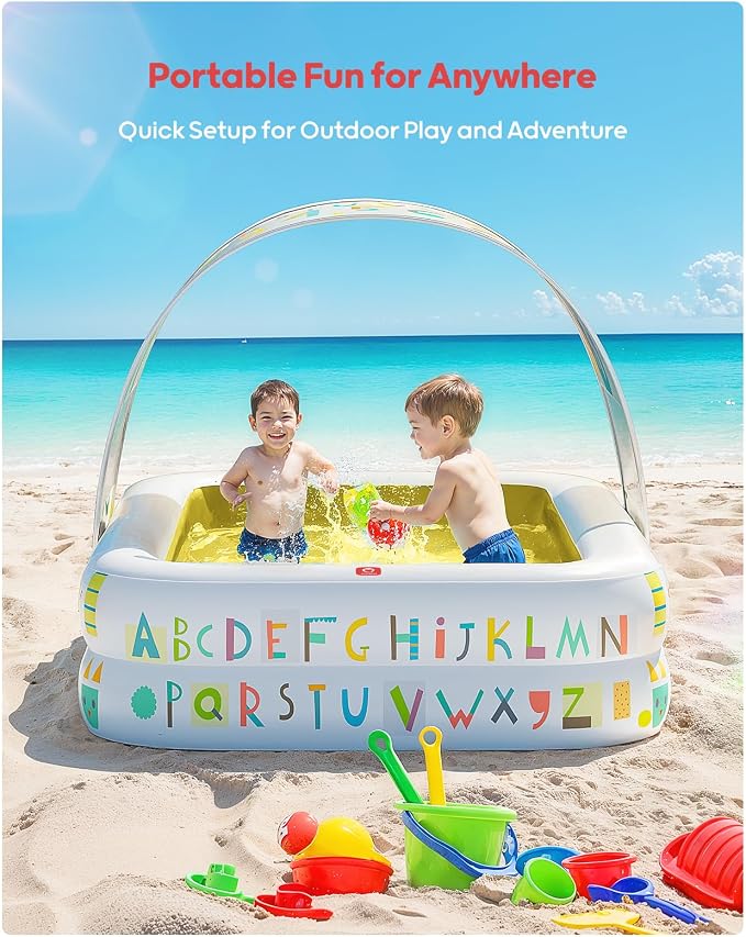 QPAU Kiddie Pool – 65" x 39" Inflatable Pool for Kids & Toddlers, Ball Pit & Baby Pool with Soft Cushioned Floor, Canopy for Sun Protection, Durable Outdoor Play Toys for Backyard & Indoor (Yellow)