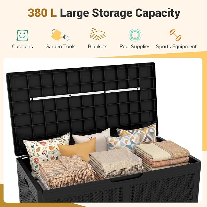 Tangkula 100 Gallon Outdoor Storage Box, Lockable Outdoor Storage Bench with 2 Smooth Wheels, Faux Rattan Surface, Waterproof Resin Deck Box for Outside Poolside Patio Garden (Black)