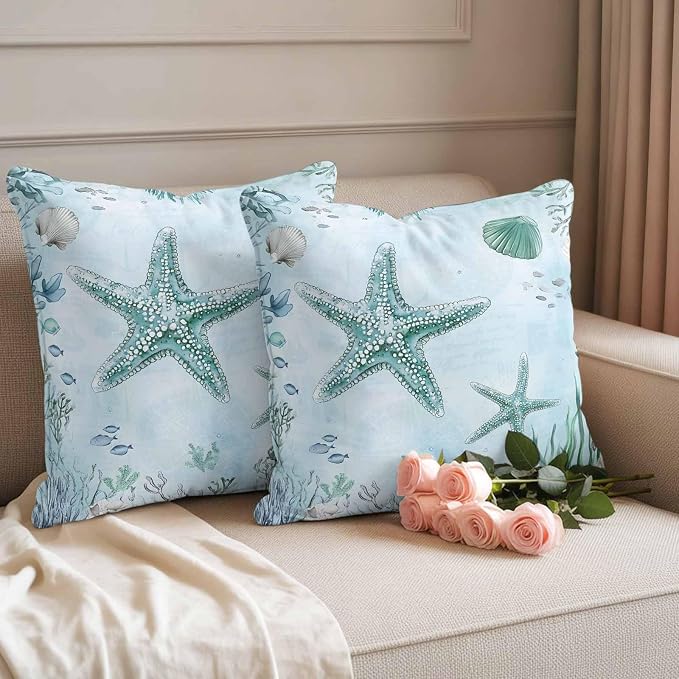 Coastal Starfish Waterproof Outdoor Pillow Covers Set of 2 Home Decor, Nautical Coral Tropical Fish Seashells Pillowcase Patio Pillow Covers for Couch Bench Furniture Garden 20x20in