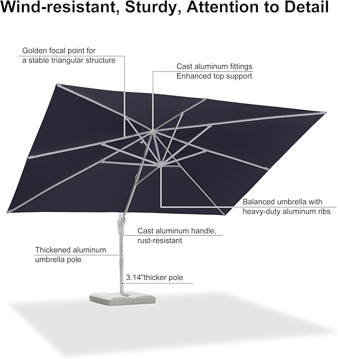 PURPLE LEAF 10' × 13' Patio Umbrella White Cantilever Umbrella Aluminum Square Outdoor Offset Umbrella Hanging Windproof with 360° Rotation for Garden Deck Pool, Grey