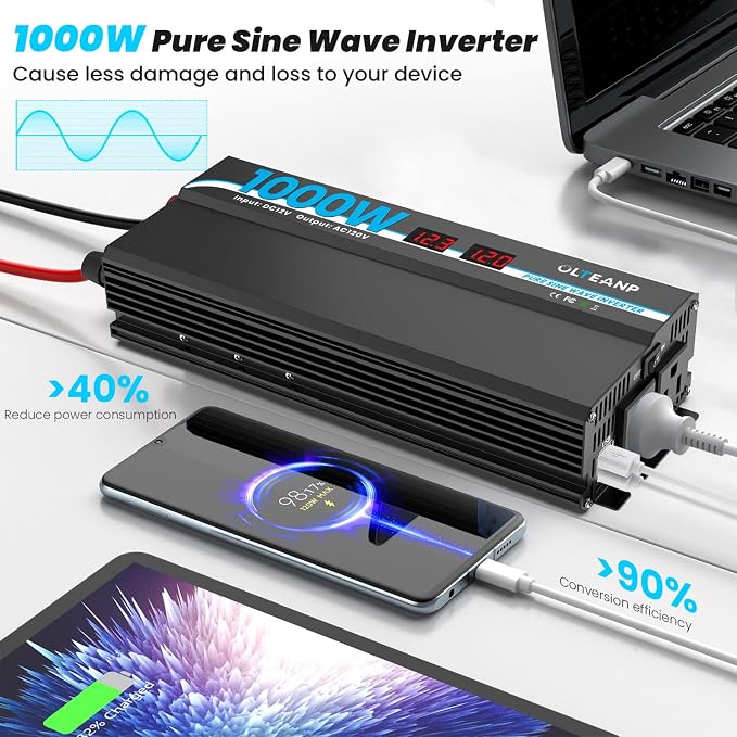 OLTEANP 1000W Pure Sine Wave Power Inverter with 2 AC Outlets, 2 USB Ports, LCD Display, 12V to 110V Car & Home Inverter for Vehicles, Laptop