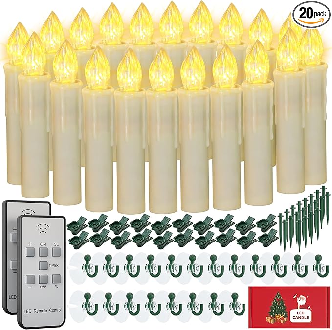 PChero Window Candles Battery Operated with Timer Remote, 20 Pcs Christmas Flameless Candles, Waterproof Flickering Taper Candles for Window, Christmas Tree, Halloween Decor