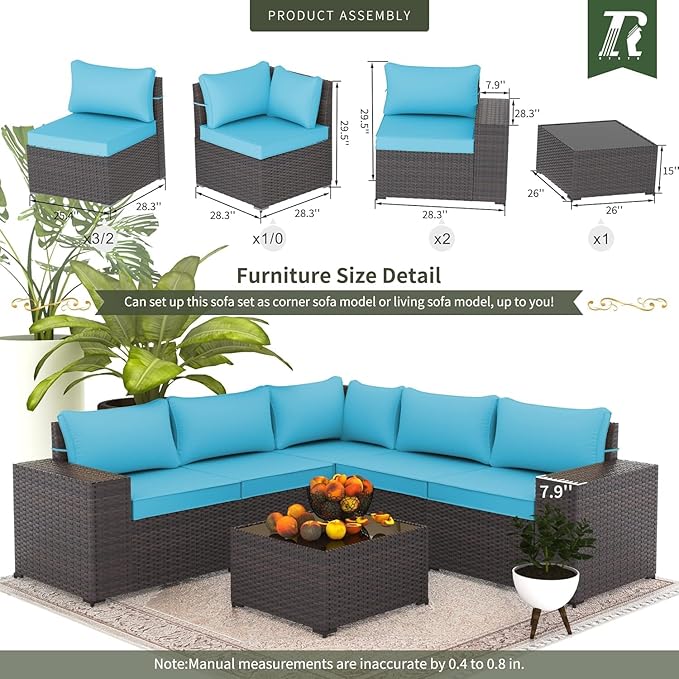 6 PCS Outdoor Patio Furniture Set,Outdoor Sectional Furniture All Weather PE Rattan Wicker Patio Conversation Set with Coffee Table and 5 Thickened Cushions,Turquoise Blue