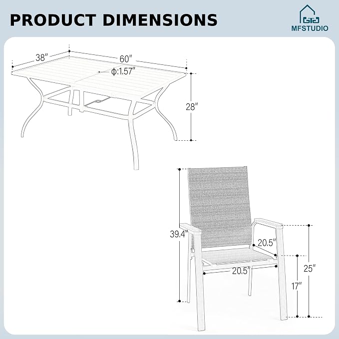 MFSTUDIO 7 PCS Patio Dining Set with 6 Stacking Aluminum Armchair(Blue) and 1 Rectangular Heavy Duty Table