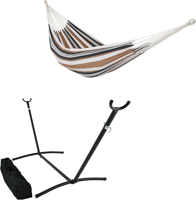 Sunnydaze Calming Desert Double Brazilian Cotton Hammock and Black Brazilian Portable Steel Hammock Stand for Outside with Carrying Case