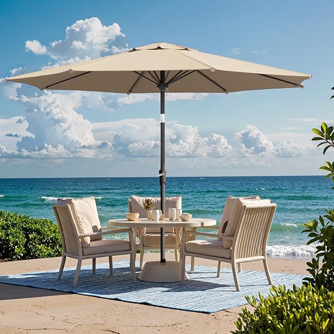 Outdoor Patio Umbrella with One Push Button Tilt and Crank, 8 Sturdy Ribs Market Table Umbrella