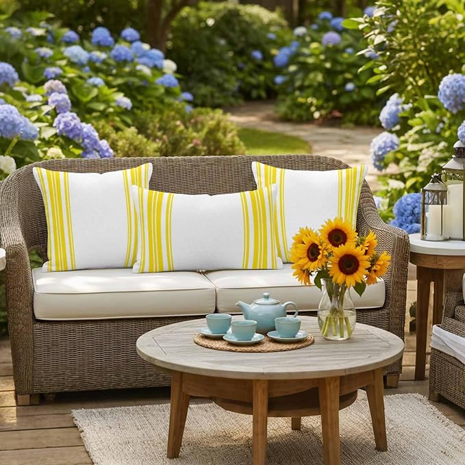 Outdoor Waterproof Throw Pillow Covers Set of 2 Yellow Stripes Pillowcases 26x26 Inches White Vertical Striped Decorative Pillows Cushion Case Patio Pillows for Couch Bed Chair Garden