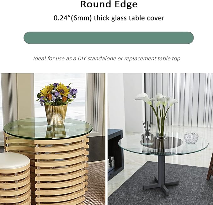 30 Inch Round Transparent Tempered Glass Table Top, Clear Table Surface Protector, Safe 1/4" Thick-Round Polished Edge, Replacement Glass Top for Home, Office, Patio, Outdoor/Indoor