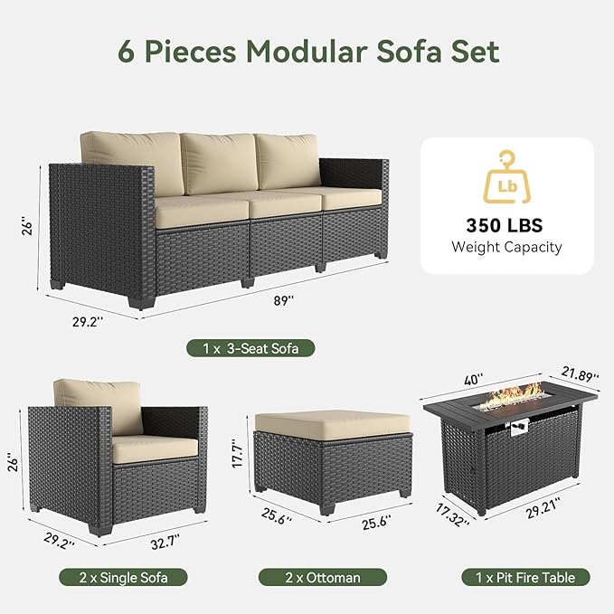 Aoxun Patio Furniture Set with Fire Pit Table, 6 Piece Outdoor Furniture Set with Wicker Ottomans, Rattan Outdoor Sectional Sofa with Thickened Cushion & Waterproof Cover Beige