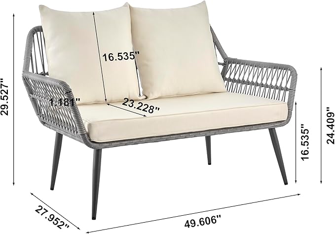 Manhattan Comfort Portofino 4-Piece Patio Conversation Set, Rope Wicker Design with Waterproof Cushions | Outdoor Furniture Includes 2 Armchairs, Loveseat & Coffee Table with Tempered Glass Top, Cream