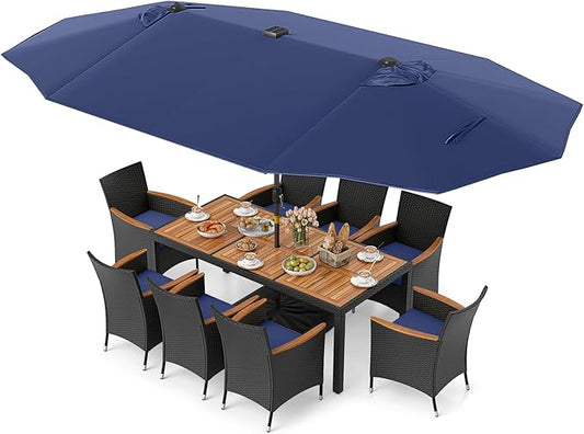 Tangkula 11 Pieces Patio Dining Set with Double-Sided Led Patio Umbrella (Base Included), with 8 Stackable Chairs, Acacia Wood Dining Table and Large Umbrella with Solar Lights (Navy+ Navy)