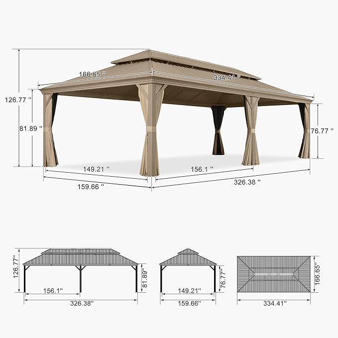 PURPLE LEAF Outdoor Gazebo 14'X28'，Champagne Hardtop Gazebo with Galvanized Steel Double Roof, Permanent Patio Gazebo with Curtains and Netting for Patio Lawn Garden and Deck