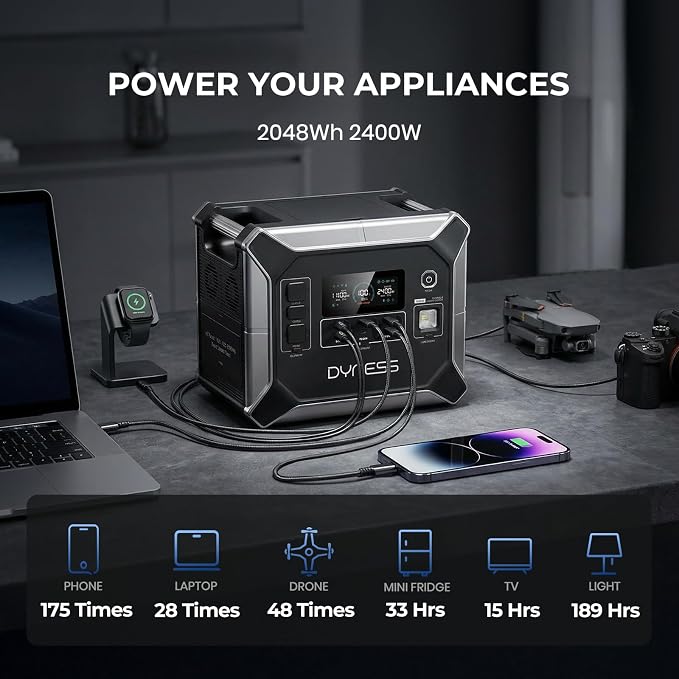 DYNESS 2048Wh Solar Generator with 100W Foldable Solar Panel, LiFePO4 Battery Backup 2400W AC (4800W Surge) Portable Power Station, Fast Charging for Home Backup, Camping, RV & Power Outage