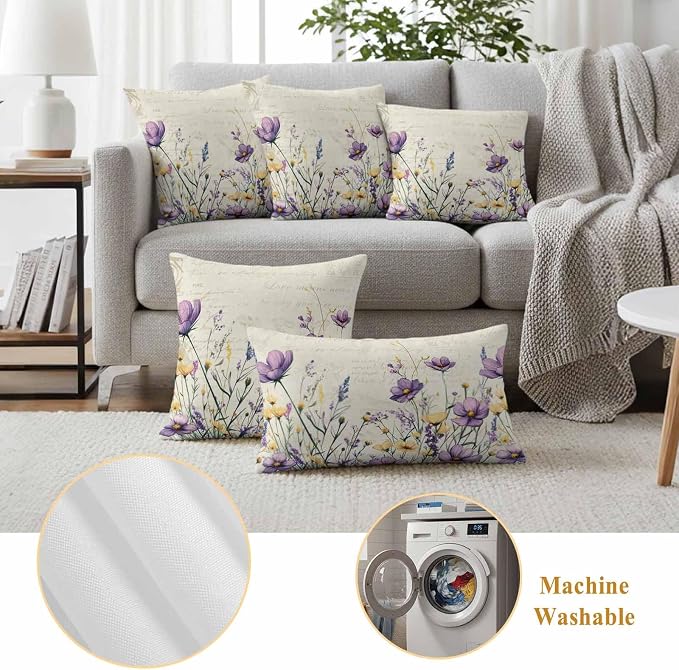 Spring Floral Outdoor Waterproof Throw Pillow Covers Set of 2, 26"x26", Purple Yellow Flower Leaves Retro Letter Texture Decorative Pillow Covers Outside Cushion Case for Patio Porch Garden