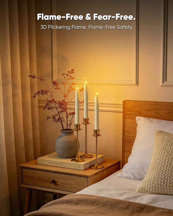 Homemory 6 Pcs Wax Flameless Taper Candles with Remote Timer and Dimmer, LED Candle Sticks with Flickering Light, Ivory Battery Operated Window Candles, 9.6 Inches for Wedding Home Indoor Decoration