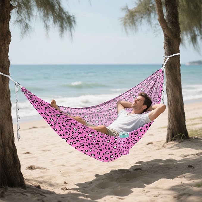 Camping Hammock Outdoor Hammocks for Outside Pink_Leopard Beach Trees Portable Lightweight with Pockets Tree Straps Indoor