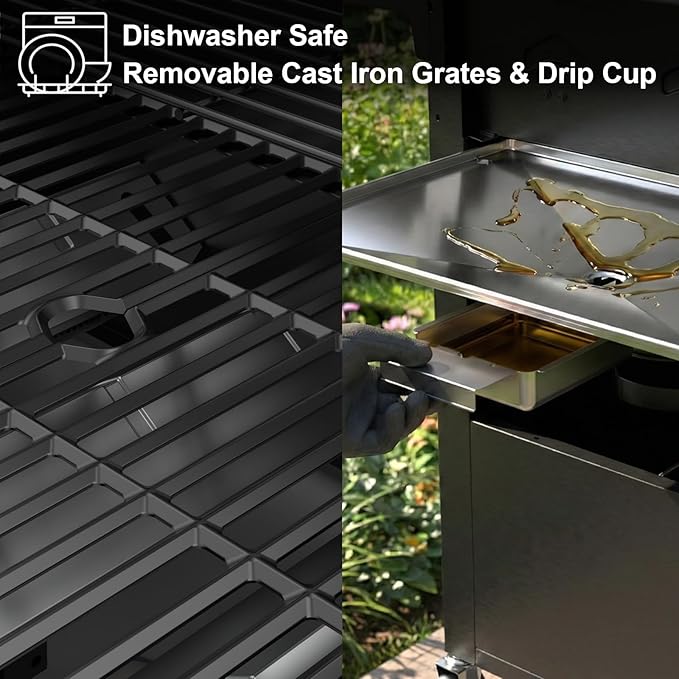 4 Burners Propane Gas Outdoor Grill 50000 BTU, 553 Sq.in, Side Burner, Porcelain-Enameled Grates, Stainless Steel Propane Grill Outdoor Cooking, Patio Garden Family Barbecues Party (4 Burners)