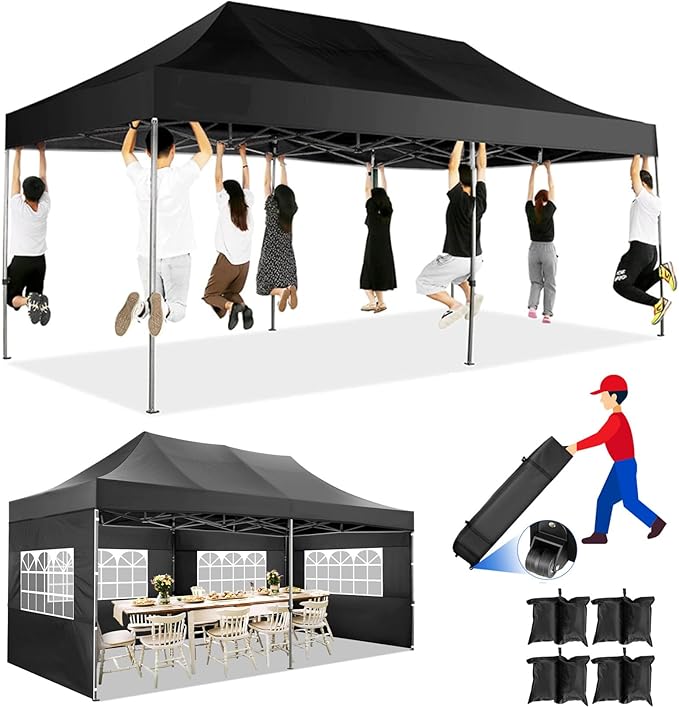COBIZI 10x20 Pop up Canopy Tent Heavy Duty with 6 Sidewalls, Easy Set-up Commercial Outdoor Party Tents, 100% Waterproof Wedding Gazebo, 3 Height Adjustable with Wheeled Bag, Jet Black
