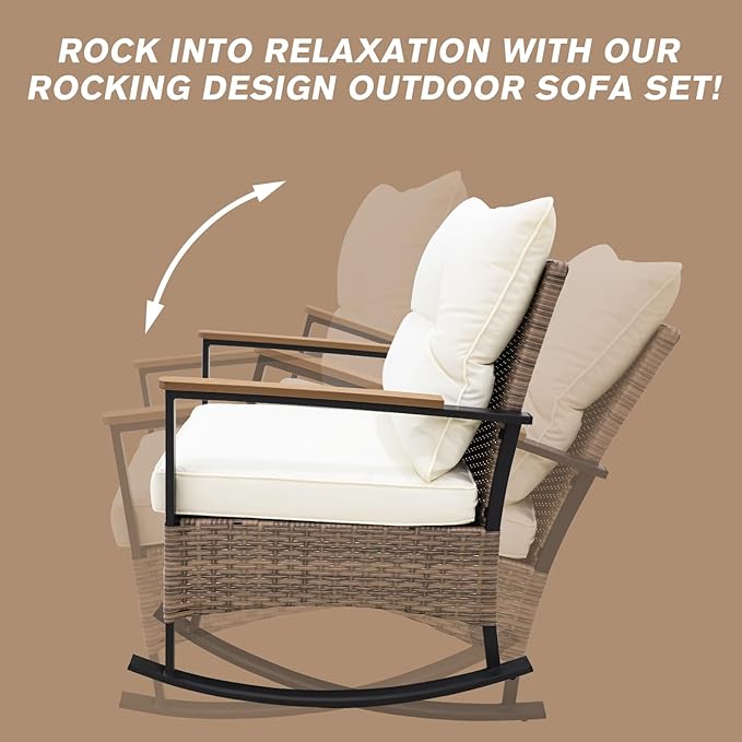 COOS BAY Sunset Haven 3 Piece Outdoor Patio Furniture Set, Rocking Chairs with Side Table, Wicker Patio Bistro Set, Brown/Beige