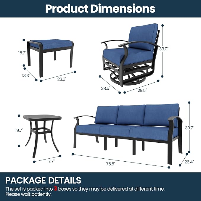 Aluminum Outdoor Patio Furniture Set,5 Seats Patio Conversation Sets with 2 Ottomans,Metal Patio Sectional Furniture Set with 2 Swivel Rocking Chairs, Navy Blue