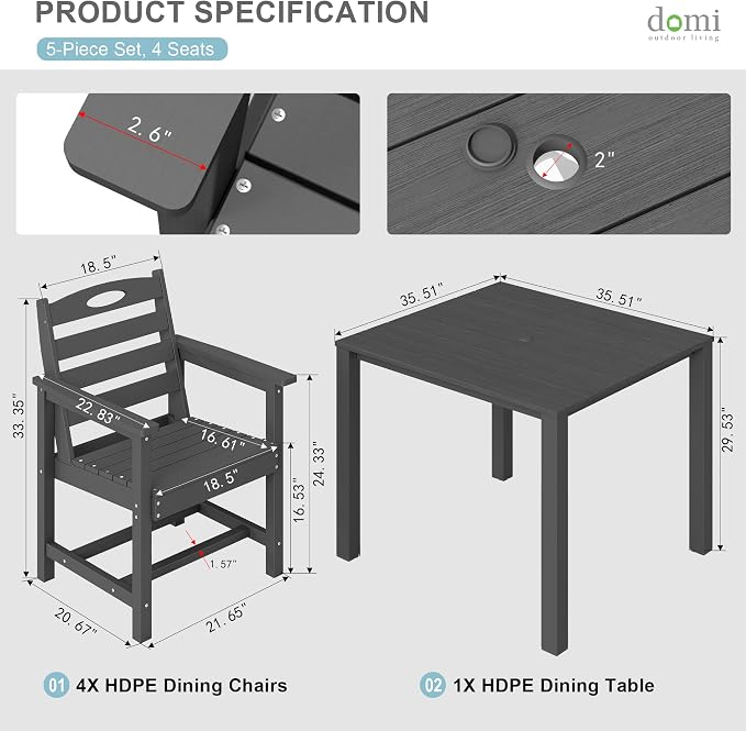 Domi HDPE Outdoor Dining Set, All-Weather Outdoor Dining Table Set of 5 with 2" Umbrella Hole, Outdoor Patio Dining Set for Garden, Poolside, Backyard, Deck, Grey