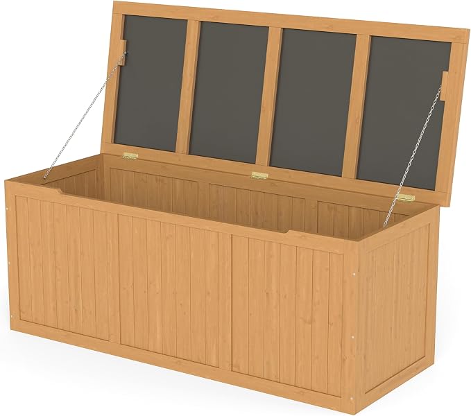 112 Gallon Outdoor Wooden Deck Box Solid Wood Storage Box Seat Table Top for Patio Furniture Cushions, Pool Toys Garden Tools