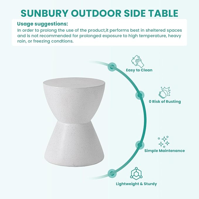 SUNBURY Outdoor Concrete Side Table, 19" H Outdoor End Tables Cement Accent Table Hourglass Shaped, Lightweight Modern Small Garden Stool, Decorative Garden Stool for Patio, Backyard, Ink Spot White
