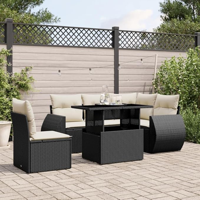 6 Piece Modular Outdoor Sectional Garden Couch Set 97 kg Black Poly Rattan 39.4 inch Long Patio Conversation Sofa for Balcony Deck and Backyard