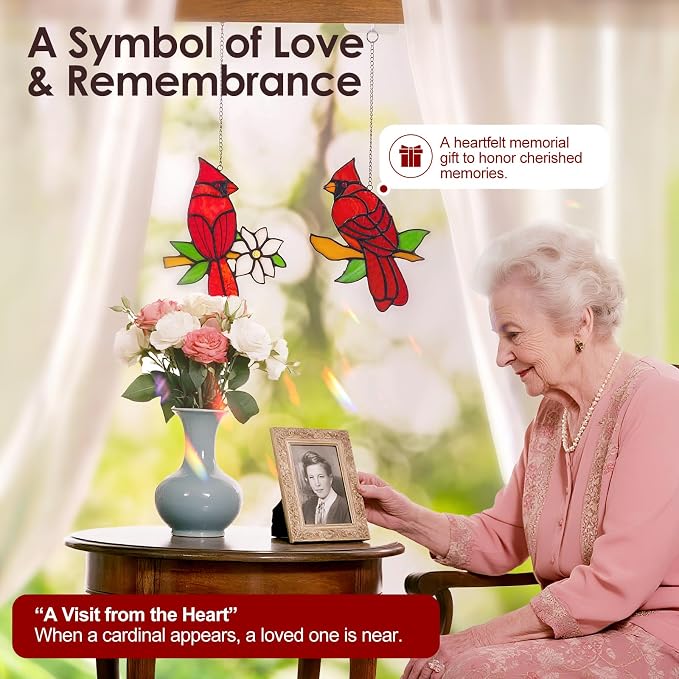 2 Pcs Cardinal Stained Glass Window Hanging Suncatchers, Sympathy Gifts for Loss of Loved One, Unique Nana Grandma Memorial Gift, Bird Decor & Christmas Ornament (6 Inch)