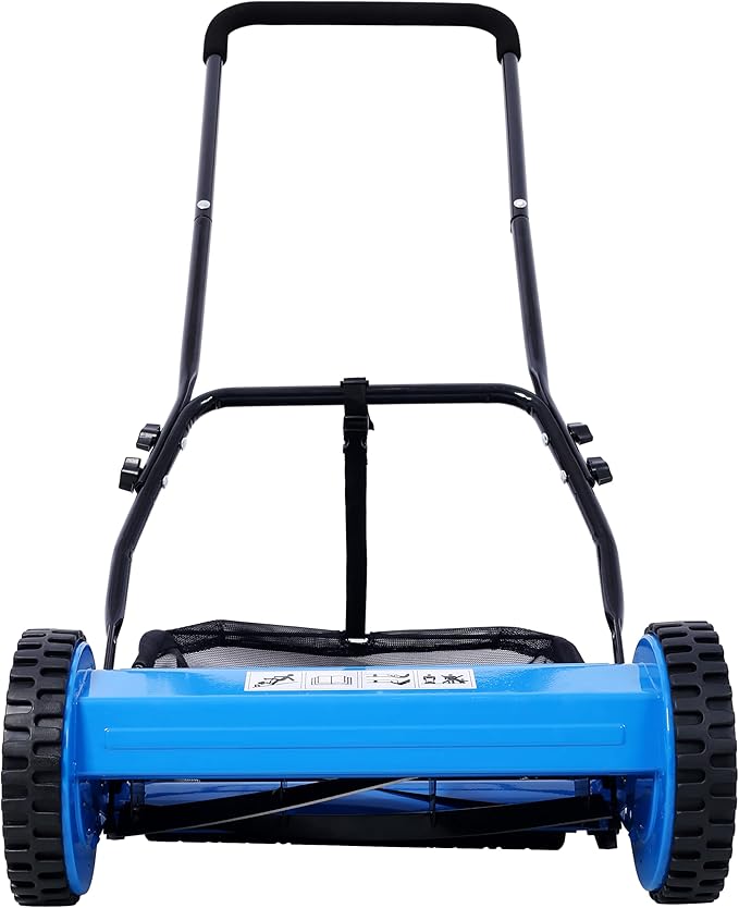 KEIKI 14-Inch Manual Lawn Mower, Push Reel Mowers w/Grass Catcher & Adjustable Cutting Height, 2-Wheels Small Lawnmower with 5 Steel Blades for Graden, Spaces Saving & Easy Assembly, Blue