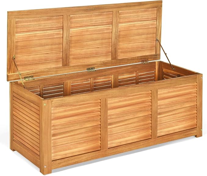 Byroce 46 Gallon Acacia Wood Deck Box, Outdoor Storage Bench for Patio | FSC acacia wood, teak oil finish, 46 gallon, 355 lbs, shutter front, metal hinges, ventilated slat sides, for patio garden