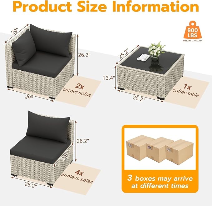 7-Piece Outdoor Patio Furniture Set with PE Wicker Sectional Sofa and Tea Table, Weather-Resistant Outdoor Conversation Set for Patio, Garden, Backyard Lounge Area(Gray)