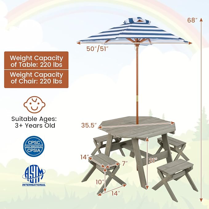 KOTEK Kids Picnic Table, Fir Wood Foldable Toddler Octagon Table and Chairs with Height Adjustable Umbrella, Indoor Children Art Play Table, Activity Kids Outdoor Table for Backyard & Patio (Grey)