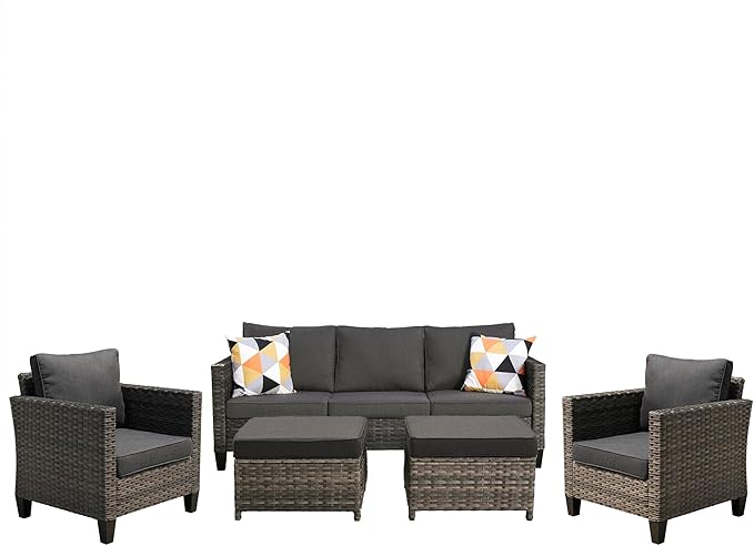 HOOOWOOO 5-Piece Luxury Patio Furniture Set– Stylish, Comfortable Outdoor Rattan Sofa Set with 2 Chairs, 2 Ottoamns, Weather-Resistant Patio Conversation Set for Deck, Garden, Balcony (Black)