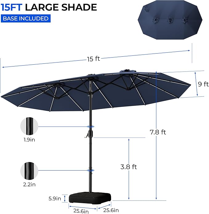 HOMSHADE Double Sided Patio Umbrellas with Base - 15ft RGB Multi-Color Flowing LED Lights Outdoor Extra Large Market Table Umbrella w/Stand, Oversized Umbrella for Deck, Pool, Backyard,Navy