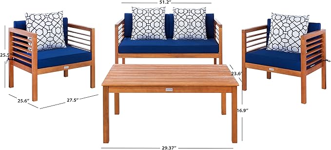 SAFAVIEH Outdoor Collection Alda Natural/ Navy Cushions/ Geometric Pattern Pillows 4-Piece Conversation Patio Set